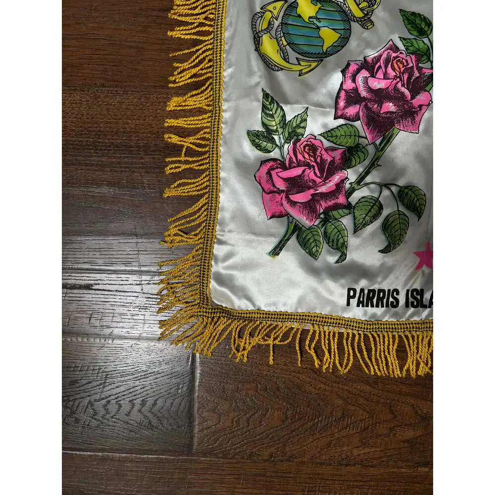Vintage WWII Satin USMC Pillow Cover — Parris Island Mother Souvenir with Fringe